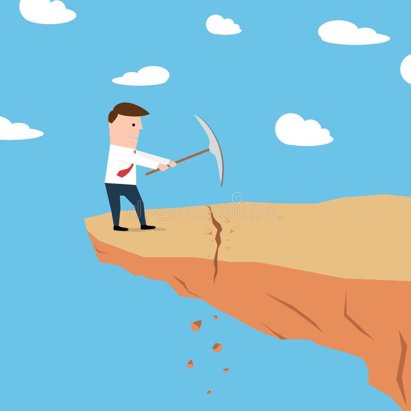 Illustration of a man on a cliff edge digging the ground. Illustration of a man on a cliff edge digging the ground