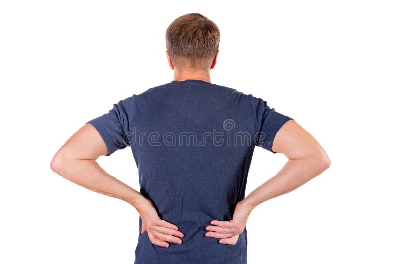 Homme tenant son échine enflammée douloureuse sur le fond blanc Soins de santé et médecine Souffrance des douleurs de dos photographie stock Homme tenant son échine enflammée douloureuse sur le fond blanc Soins de santé et médecine Souffrance des douleurs de dos photographie stock
