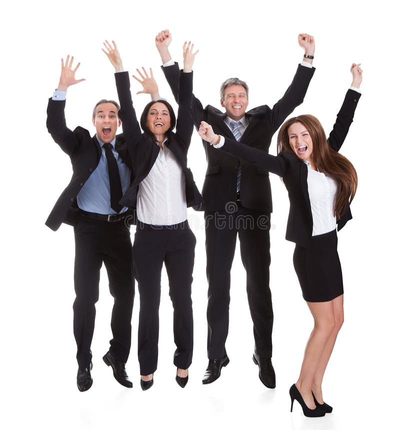 Hommes d'affaires heureux sautant dans la joie photos stock Hommes d'affaires heureux sautant dans la joie photos stock