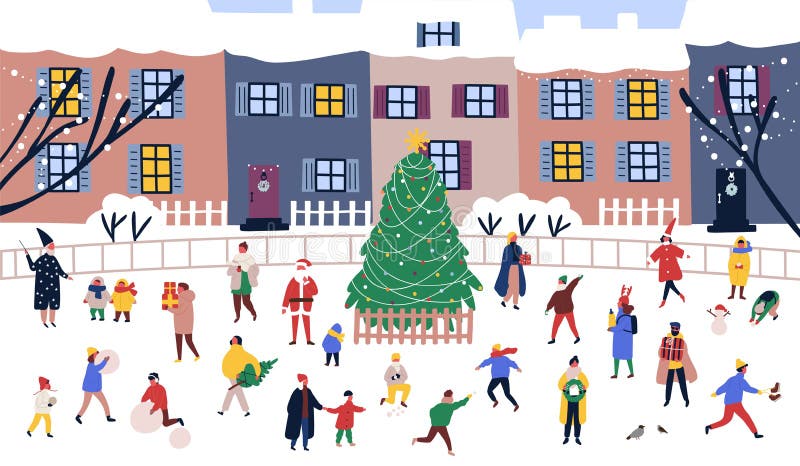 Hommes et femmes marchant autour du grand arbre de Noël sur la rue contre des bâtiments de ville sur le fond Adultes et enfants illustration libre de droits Hommes et femmes marchant autour du grand arbre de Noël sur la rue contre des bâtiments de ville sur le fond Adultes et enfants illustration libre de droits