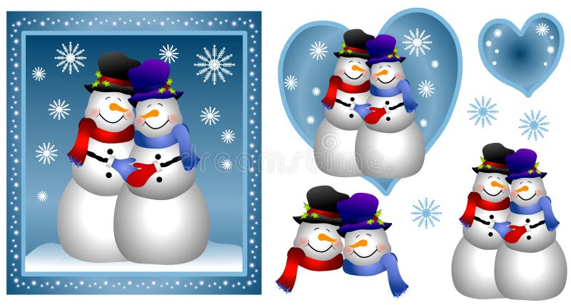 A tasteful, unique clip art illustration featuring a male homosexual couple as snowmen holding hands in the snow. Also included are a few extras including isolated version, with heart or just their heads. A tasteful, unique clip art illustration featuring a male homosexual couple as snowmen holding hands in the snow. Also included are a few extras including isolated version, with heart or just their heads