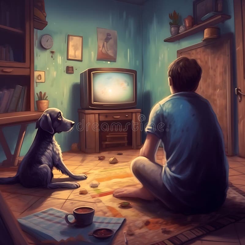 Dog and boy watching tv cartoon characters. Dog and boy watching tv cartoon characters