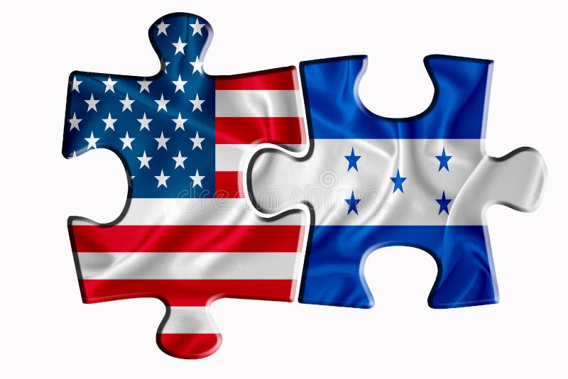 Honduras flag and United States of America flag on two puzzle pieces on white isolated background. The concept of political relations. 3D rendering. Honduras flag and United States of America flag on two puzzle pieces on white isolated background. The concept of political relations. 3D rendering.