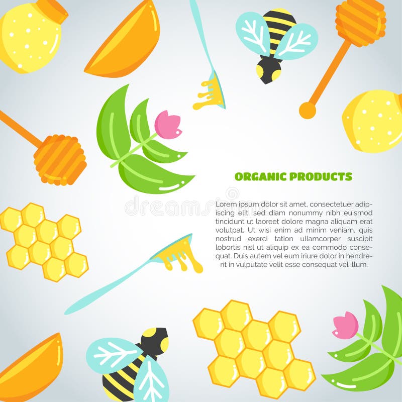 Honey Background with flat honey elements. Poster with bee, beehive, jar, honeycomb. Vector royalty free illustration