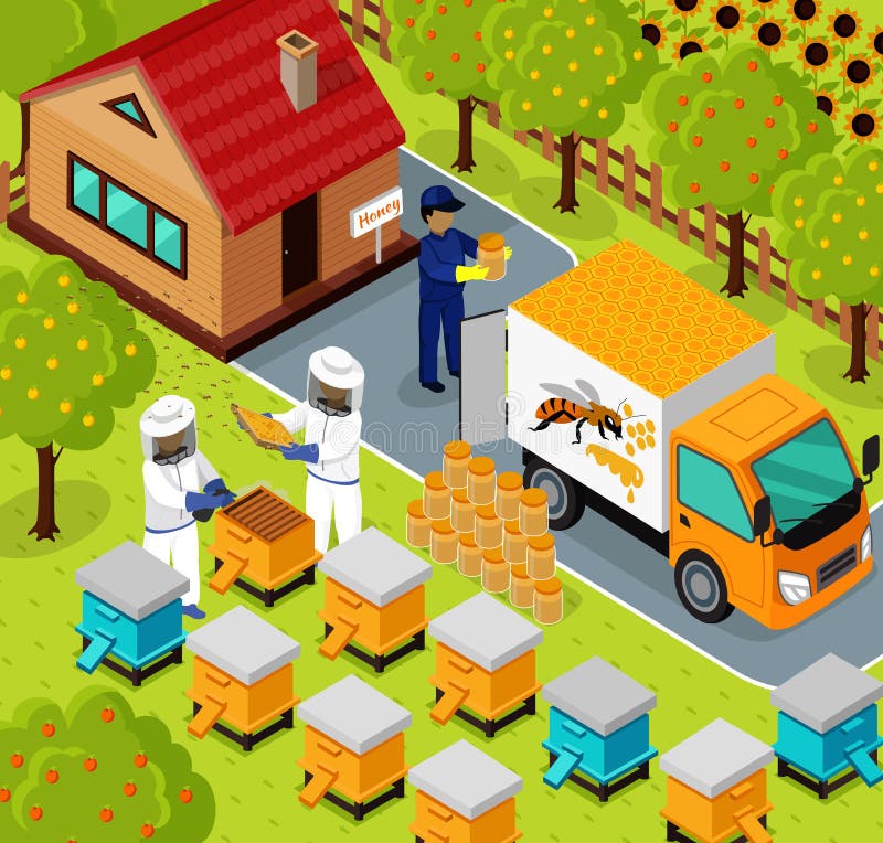 Honey Bee Apiary Beekeeper Design isométrique plat illustration libre de droits Honey Bee Apiary Beekeeper Design isométrique plat illustration libre de droits