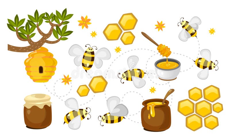 Honey and bee vector collection. honeycombs, jars with honey and bees colorful set. Vector beekeeping illustration royalty free illustration