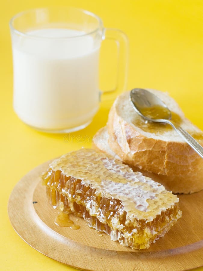 Honey, bread and milk stock photo. Image of nature, cutting 13628282