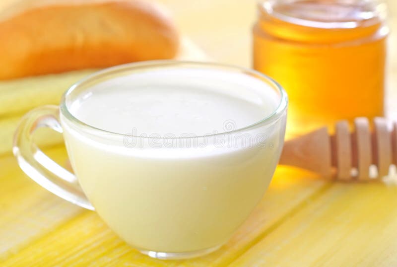 Honey,bread and milk on a table