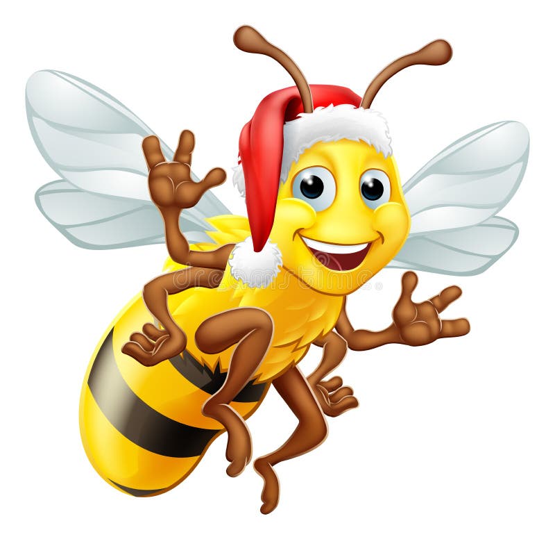 Honey Bumble Bee in Santa Christmas Hat Cartoon