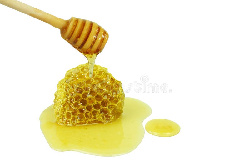 Honey dripping on wooden dipper pouring on honeycomb isolated on a white background, concept of bee products stock photos Honey dripping on wooden dipper pouring on honeycomb isolated on a white background, concept of bee products stock photos