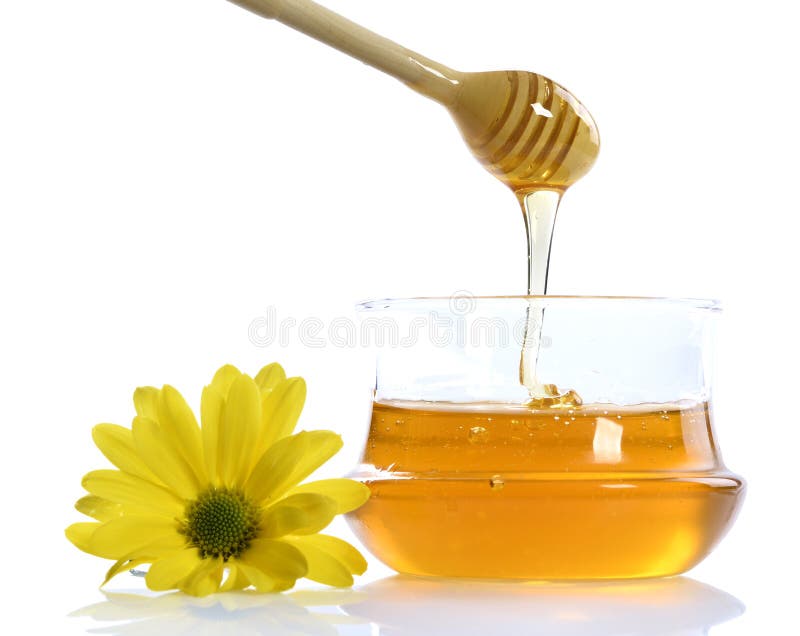 Jar of sweet honey with flower and wooden stick.Isolated on white background. Jar of sweet honey with flower and wooden stick.Isolated on white background.