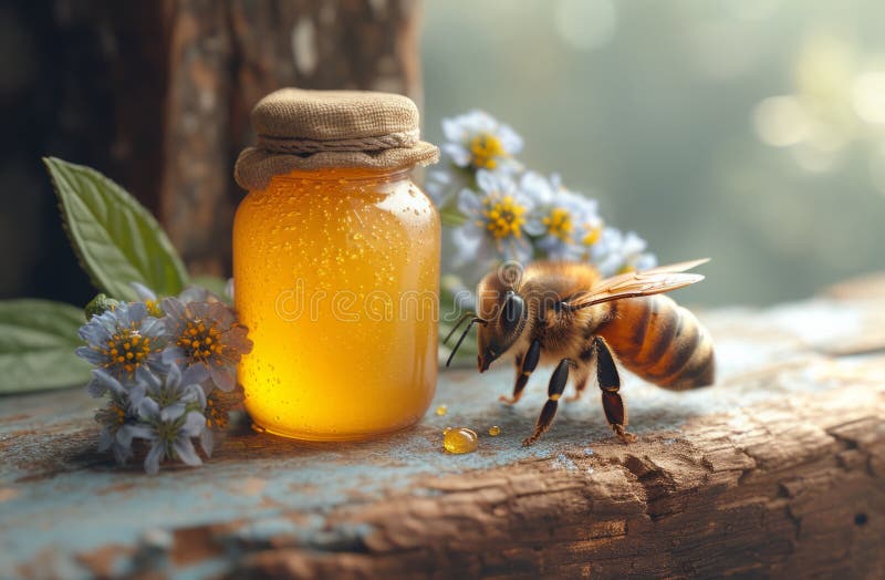 Honey Jar and Bee on Wooden Table in Apiary Stock Image Image of closeup, fresh 310273547