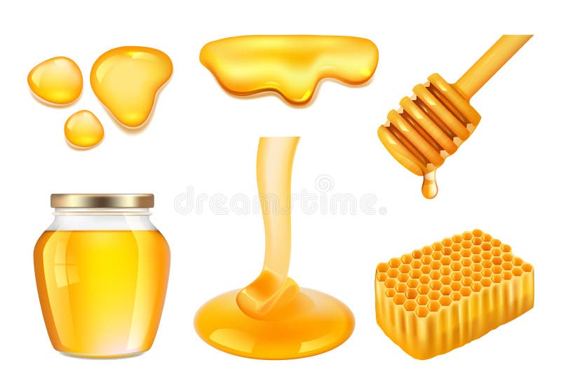 Honey jar. Golden or yellow sticky splashes of farm honey and honeycomb vector realistic illustrations vector illustration