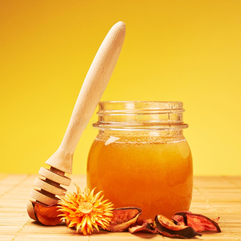 Honey Jar, Potpourri and Wooden Dipper Stock Photo Image of color