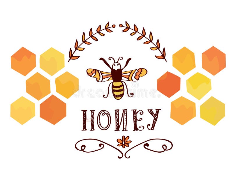 Honey label with bee and cells - funny retro royalty free illustration