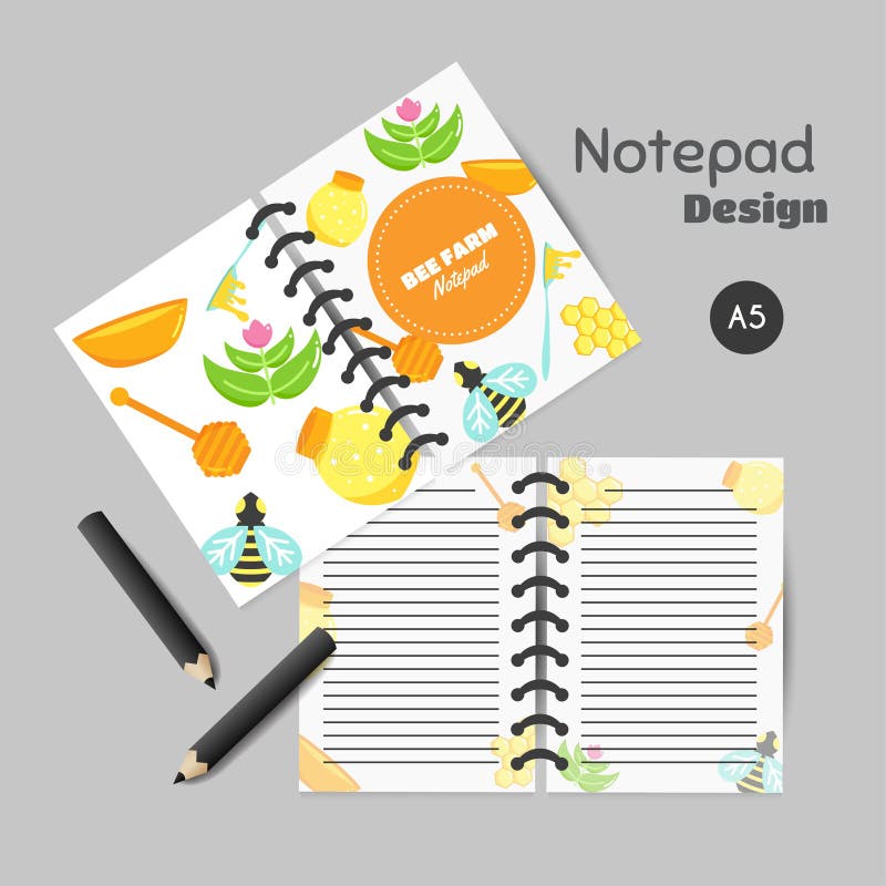 Honey organizer with flat honey elements. Notes with bee, beehive, jar, honeycomb. Vector royalty free illustration