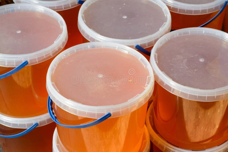 Honey in plastic buckets stock photo. Image of summer 270527338