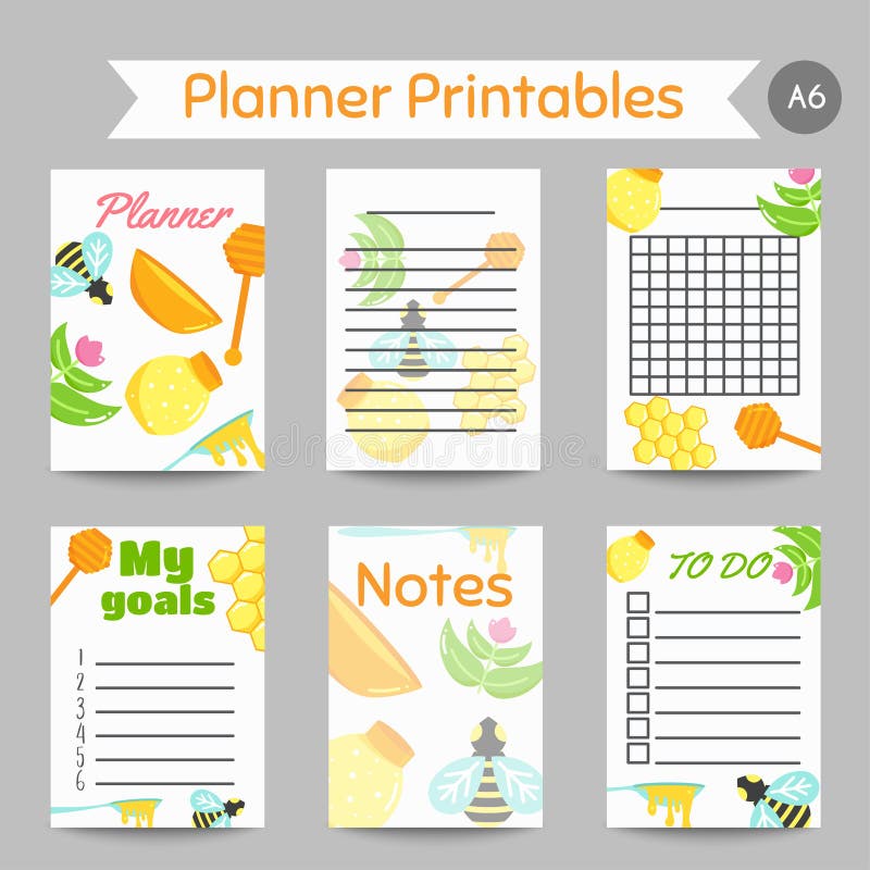 Honey prinatables with flat honey elements. Notes with bee, beehive, jar, honeycomb. Vector journal, organizer, cute royalty free illustration