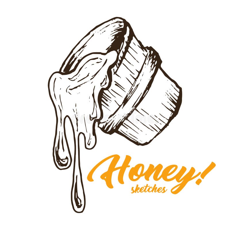 Honey Sketches Bucket Con Honey Drop Flow Producto Orgánico Dibujado Mano De Superfood Ilustración del Vector