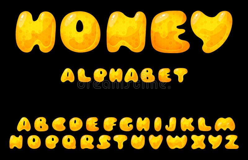 Honey Sweet Font. Liquid Honey Cartoon Alphabet, Yellow Honeycomb ...