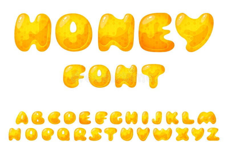 Honey Sweet Font. Liquid Honey Cartoon Alphabet, Yellow Honeycomb ...
