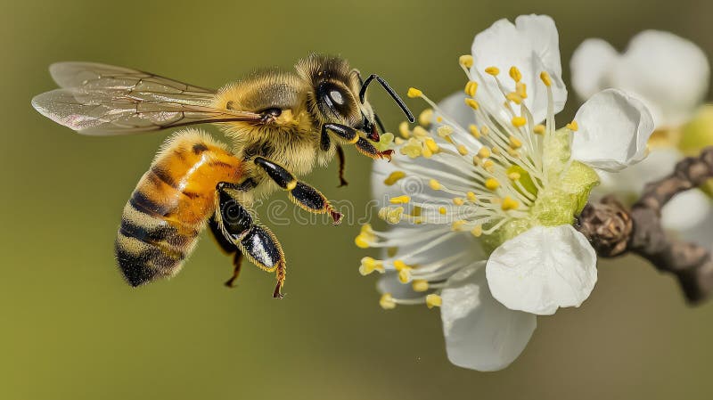 Honeybee in flight approaching white flower stock photography