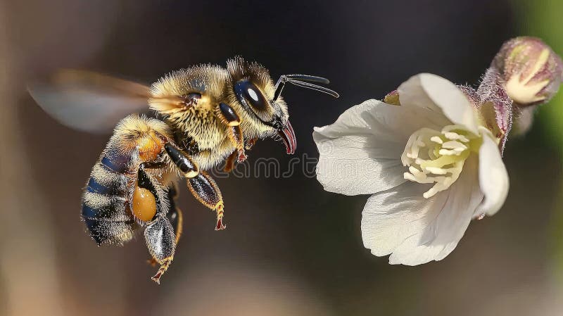 Honeybee in flight approaching a white flower, pollen visible stock photos