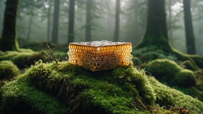 Golden Honeycomb in Misty Forest vector illustration