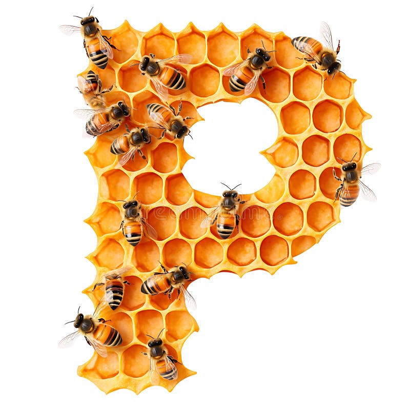Honeycomb Γράμμα P με μέλισσες Λεπτομερές κλείσιμο των χρυσών εξάγωνων και των πολυάσχολων εντόμων ελεύθερη απεικόνιση δικαιώματος