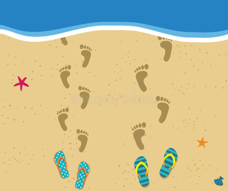 Honeymoon at the sea. Top view of loving couple footprints at sandy beach walking into the water and pair of flip flops nearby. Love vacation or holiday concept. Vector illustration.