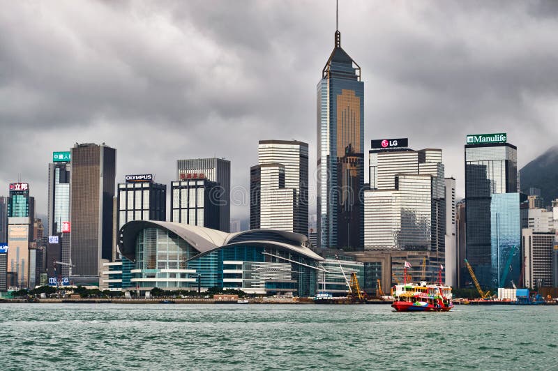 Hong Kong city skyline on a stormy day, view from across Victoria harbor