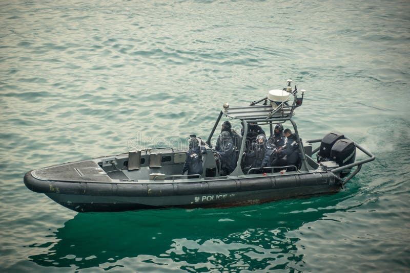 Hong-Kong-09 01 2018: Das Polizeiboot In HK-Hafen Redaktionelles Bild