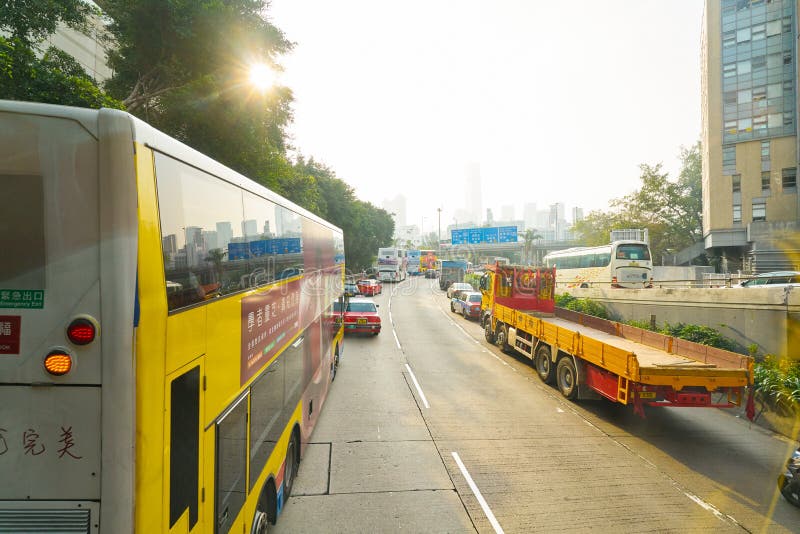 HONG KONG, CHINA - CIRCA JANUARY, 2019: view seen from second desk of double-decker bus in Hong Kong in the daytime