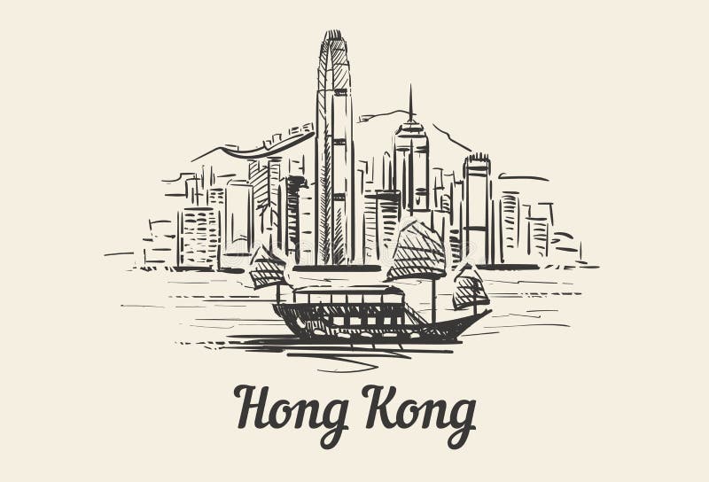 Hong Kong horisont med den drog fartyghanden skissar vektor illustrationer Hong Kong horisont med den drog fartyghanden skissar vektor illustrationer