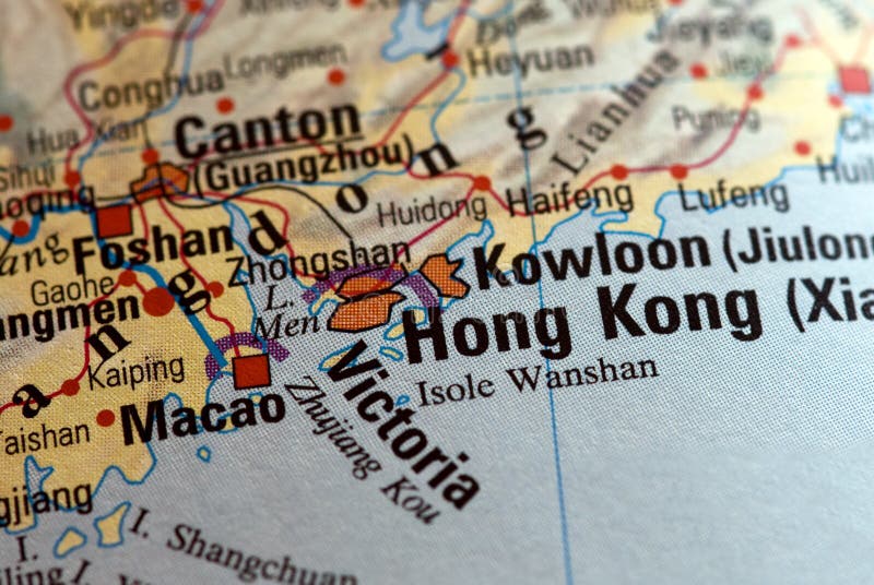 A map focused on Hong Kong city. The Hong Kong letters are in focus, while the rest is slightly blurred. A map focused on Hong Kong city. The Hong Kong letters are in focus, while the rest is slightly blurred