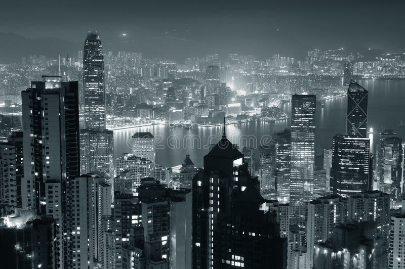 Hong Kong na noite em preto e branco imagem de stock royalty free
