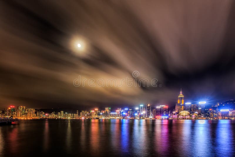 Hong Kong night view with reflections of light on the cloud at