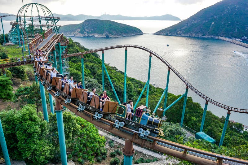 Hong Kong Ocean Park Top View, Roller Coaster with Tourists Editorial