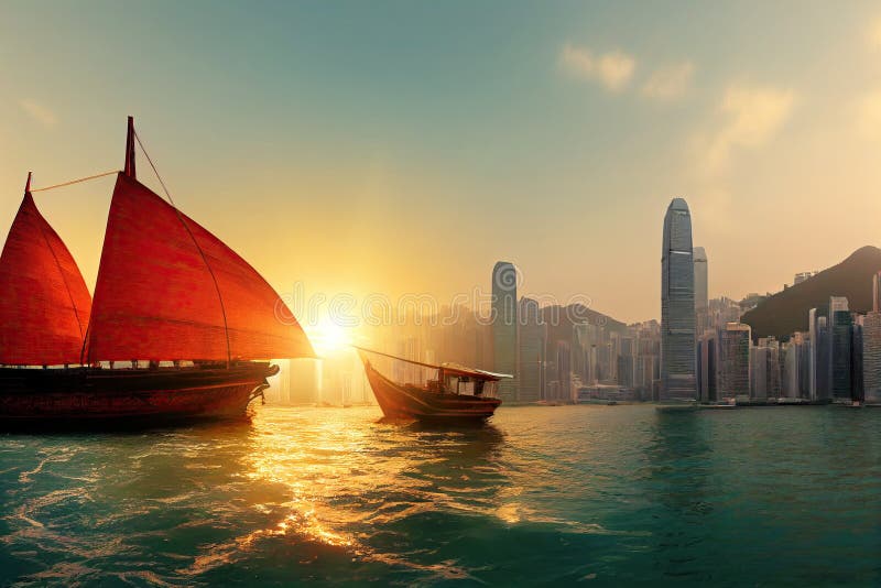 Hong Kong red sail junk boat