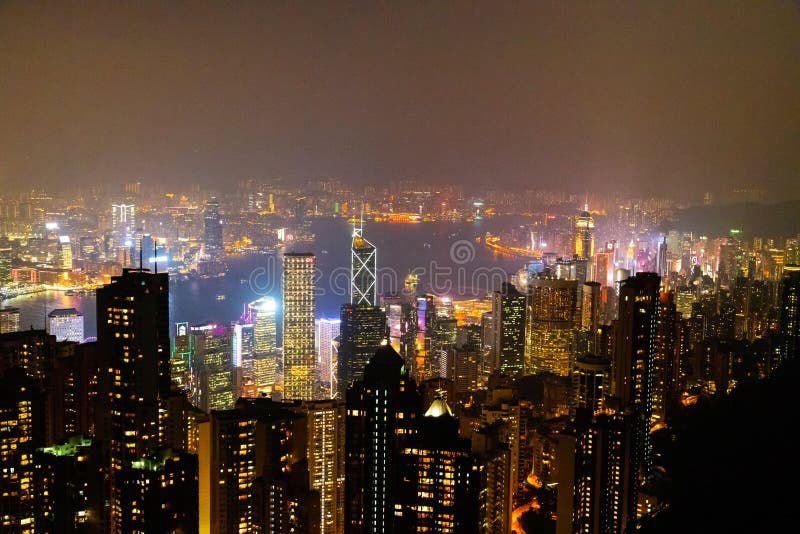 Hong Kong Skyline at Night View from Victoria Peak Editorial Photo