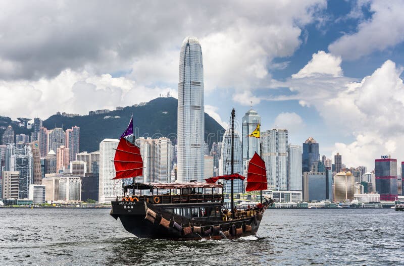 Hong Kong Victoria Harbor with a Tourist Sailboat Editorial Image
