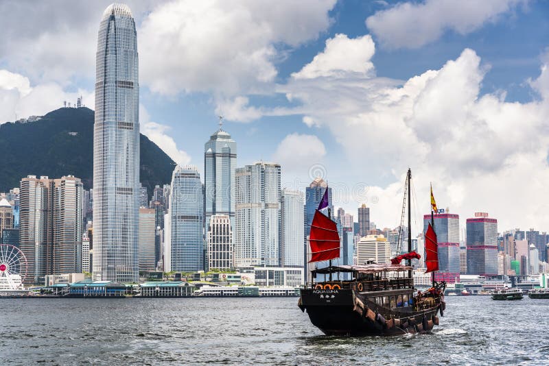 Hong Kong Victoria Harbor with a Tourist Sailboat Editorial Photography