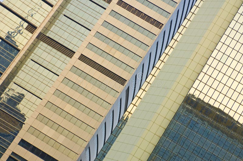 Hong Kong Views. Hong Kong skyline seen in the reflection of one of the two International Financial Centers on Hong Kong Island royalty free stock photo Hong Kong Views. Hong Kong skyline seen in the reflection of one of the two International Financial Centers on Hong Kong Island royalty free stock photo