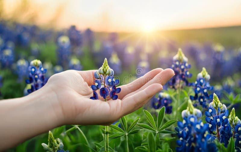 Honhandsparande av lavender vid sunset bluebonnet texas purpurblommiga eller blå blomstrade arter av släktet lupinus som återfinns royaltyfri illustrationer