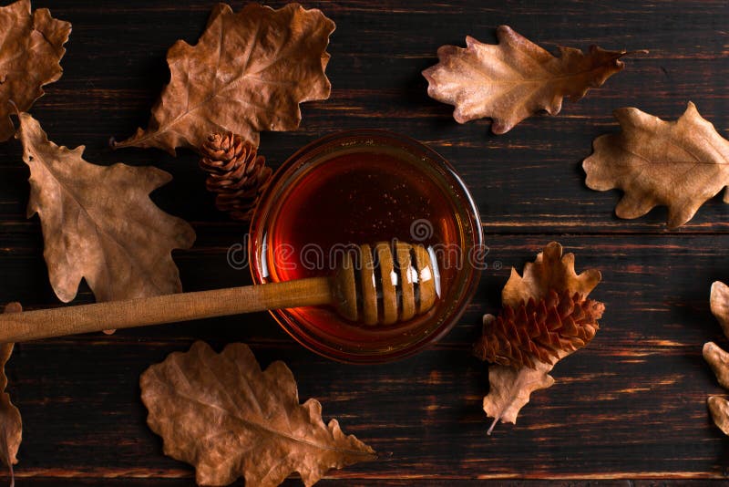 Honig fließt aus einem Stock in ein Glas Rustikales, süßes Herbstfoto, Holzboden und trockene Blätter, Kopierraum lizenzfreies stockbild Honig fließt aus einem Stock in ein Glas Rustikales, süßes Herbstfoto, Holzboden und trockene Blätter, Kopierraum lizenzfreies stockbild