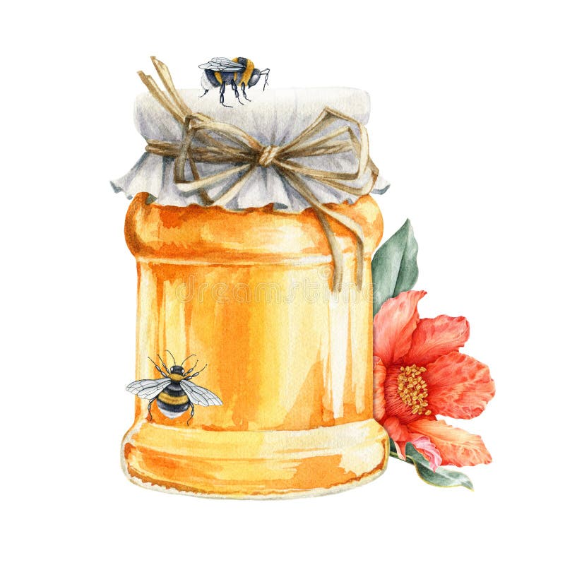 Honigglasgefäß mit Bienen- und Blumenaquarellbild. realistische organische gesunde Nahrungsillustration. Honigtopfabschluß