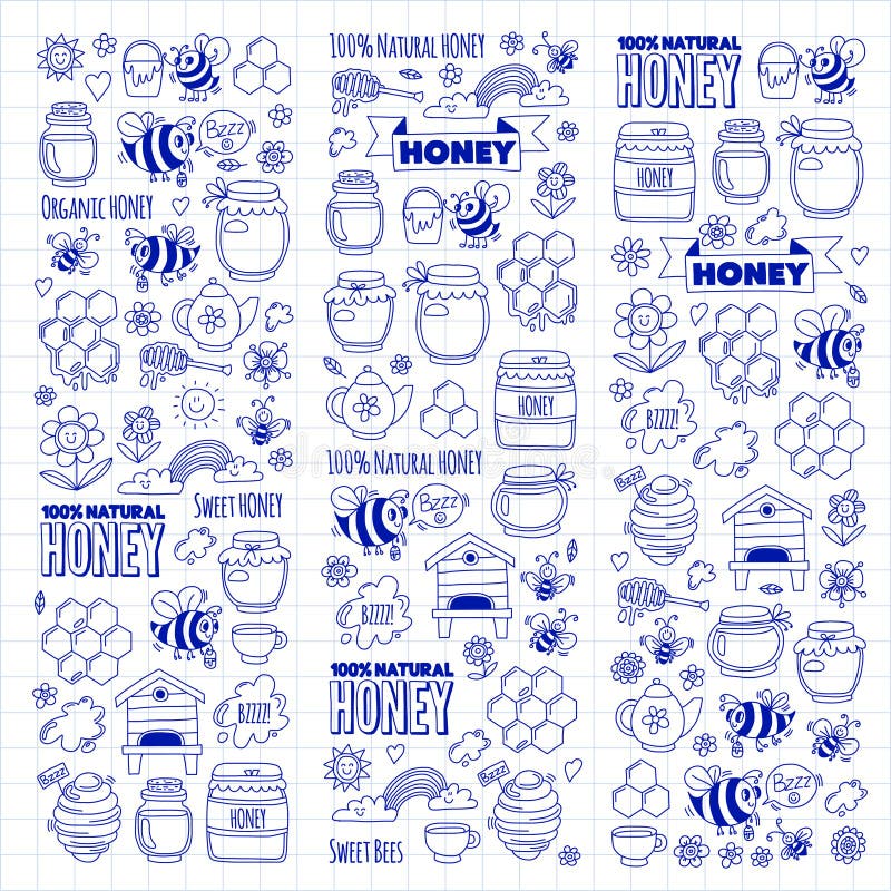 Honigmarkt, Basar, Honig angemessene Gekritzelbilder von Bienen, Blumen, Gläser, Bienenwabe, Bienenstock, Stelle, das Fass mit Be lizenzfreie abbildung Honigmarkt, Basar, Honig angemessene Gekritzelbilder von Bienen, Blumen, Gläser, Bienenwabe, Bienenstock, Stelle, das Fass mit Be lizenzfreie abbildung