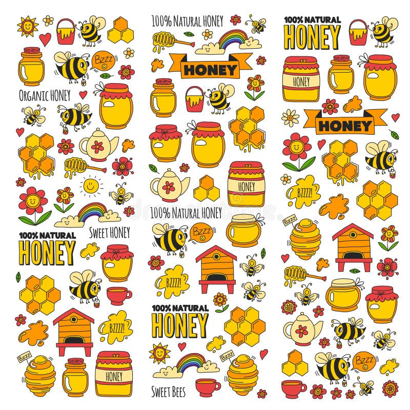 Honigmarkt, Basar, Honig angemessene Gekritzelbilder von Bienen, Blumen, Gläser, Bienenwabe, Bienenstock, Stelle, das Fass mit Be lizenzfreie abbildung Honigmarkt, Basar, Honig angemessene Gekritzelbilder von Bienen, Blumen, Gläser, Bienenwabe, Bienenstock, Stelle, das Fass mit Be lizenzfreie abbildung