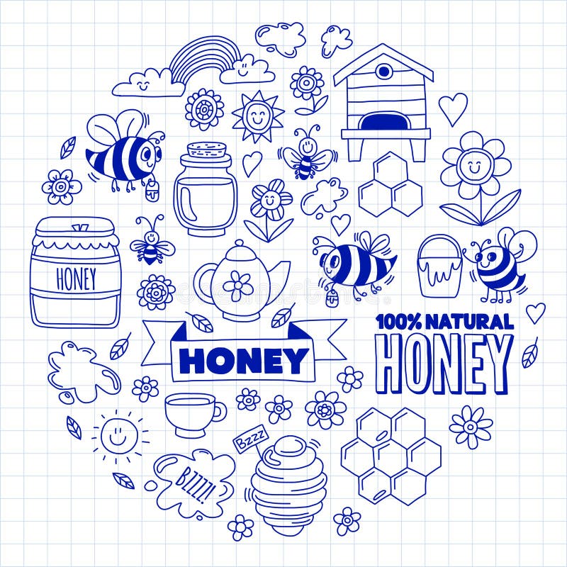 Honigmarkt, Basar, Honig angemessene Gekritzelbilder von Bienen, Blumen, Gläser, Bienenwabe, Bienenstock, Stelle, das Fass mit Be vektor abbildung Honigmarkt, Basar, Honig angemessene Gekritzelbilder von Bienen, Blumen, Gläser, Bienenwabe, Bienenstock, Stelle, das Fass mit Be vektor abbildung