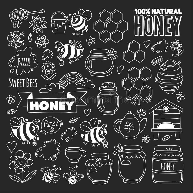 Honigmarkt, Basar, Honig angemessene Gekritzelbilder von Bienen, Blumen, Gläser, Bienenwabe, Bienenstock, Stelle, das Fass mit Be stock abbildung Honigmarkt, Basar, Honig angemessene Gekritzelbilder von Bienen, Blumen, Gläser, Bienenwabe, Bienenstock, Stelle, das Fass mit Be stock abbildung